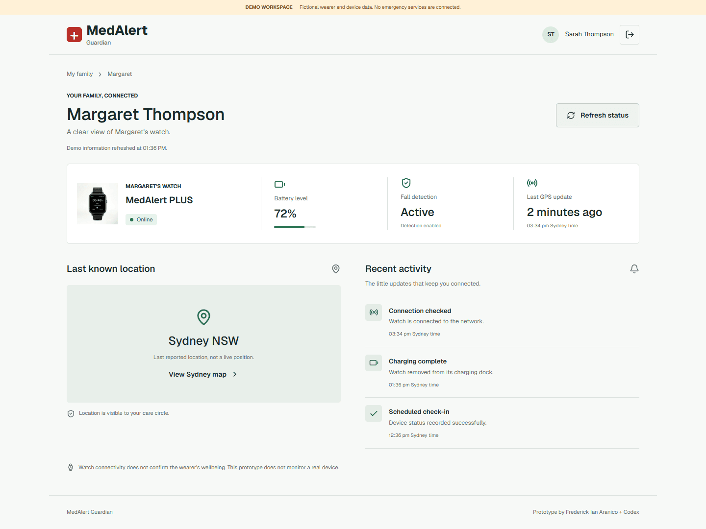 Guardian prototype showing Margaret Thompson's watch status, 72 percent battery, Sydney location and recent activity