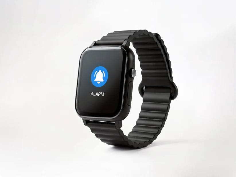 MedAlert PLUS black watch with an adjustable strap and alarm reminder on its screen